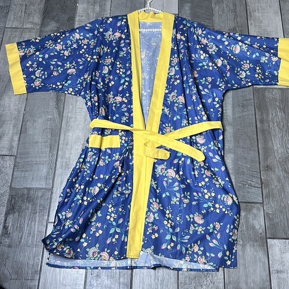 Vintage French cotton blue yellow floral house dressing robe and matching belt - Picture 7 of 7